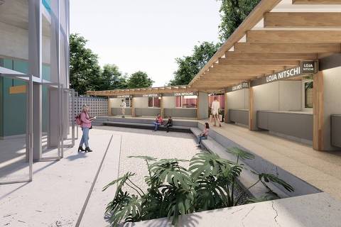 SÃO PAULO (SP) - 16.10.25 - Croqui da futura área de convivência projetada para a estação Pinheiros, da linha 4-amarela, do metrô de SP; obras vão até agosto de 2026