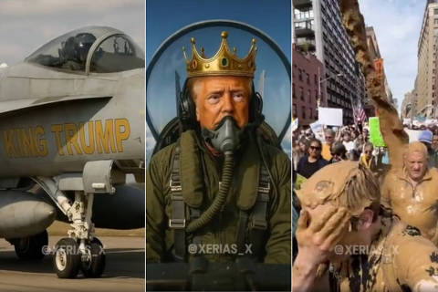 Donald Trump publicou um vídeo nesse domingo (19) feito por inteligência artificial em que pilota um avião militar e solta 